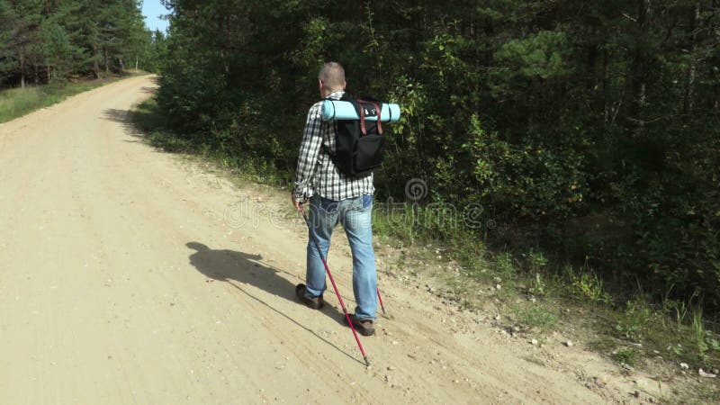 Kameran följer fotvandraren som går ner vägen arkivfilmer