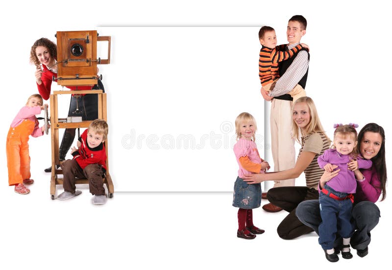 Family with old camera and wall for text collage on a white background. Family with old camera and wall for text collage on a white background