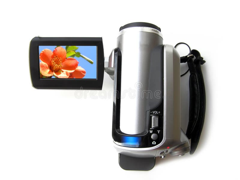 Portable digital video camera with a flower screen over white background. Portable digital video camera with a flower screen over white background