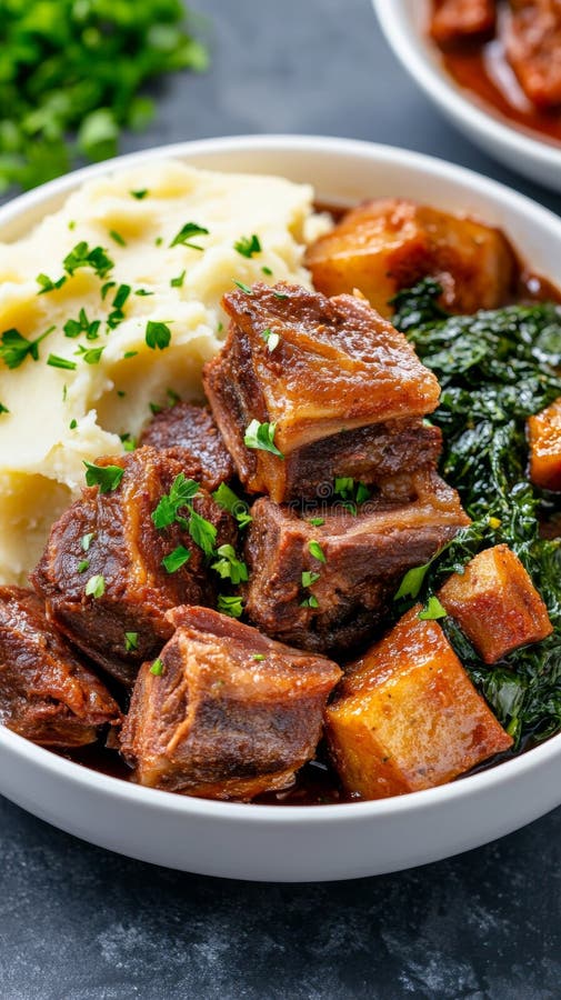 Kampen mot köttmjöl som innehåller fläskkött med gräddad potatis och krämad spenat som är täckt med royaltyfri bild