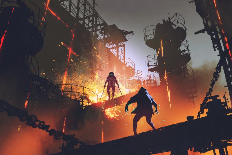 Kampf von zwei futuristischen Kriegern in der industriellen Fabrik lizenzfreie abbildung Kampf von zwei futuristischen Kriegern in der industriellen Fabrik lizenzfreie abbildung