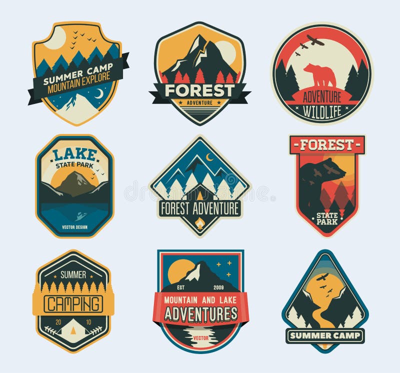 Kampflarden Kenteken voor het bos kamperen, exploratiekamp, club van de toerisme de extreme sport royalty-vrije illustratie Kampflarden Kenteken voor het bos kamperen, exploratiekamp, club van de toerisme de extreme sport royalty-vrije illustratie