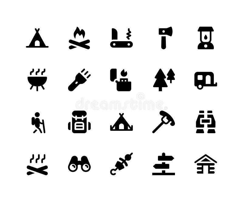 Simple Set of Camping Related Vector Glyph Icons. Contains such Icons as Camp, Fire, Knife, Hatchet, Lamp and More. pixel perfect vector icons based on 32px grid. Well Organized and Layered. Simple Set of Camping Related Vector Glyph Icons. Contains such Icons as Camp, Fire, Knife, Hatchet, Lamp and More. pixel perfect vector icons based on 32px grid. Well Organized and Layered.