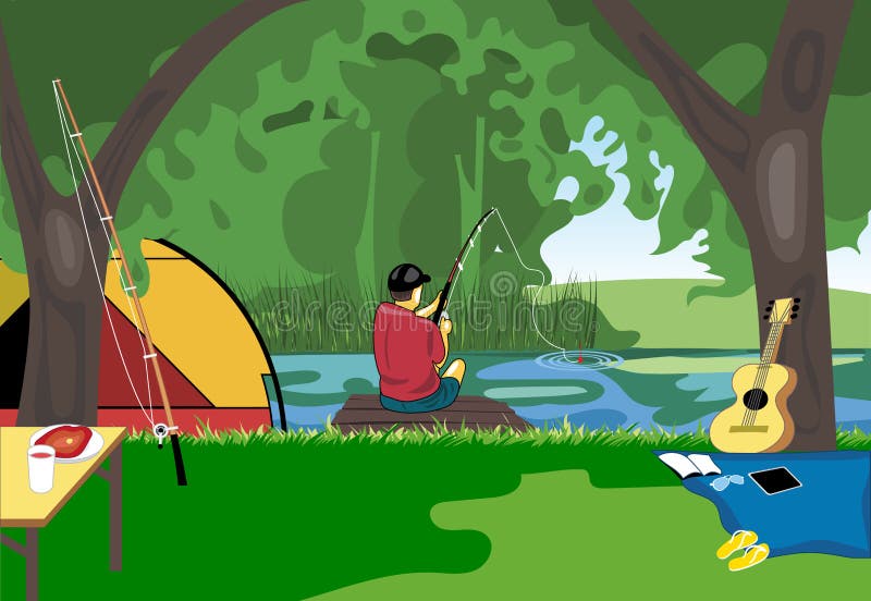 Kampierende Tagesfeier, Flussangeln mit einem Zelt mitten in wilder Natur stock abbildung Kampierende Tagesfeier, Flussangeln mit einem Zelt mitten in wilder Natur stock abbildung