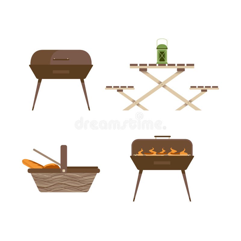 Kampierendes Picknick-Inventar und Ausrüstung lokalisierter Satz stock abbildung Kampierendes Picknick-Inventar und Ausrüstung lokalisierter Satz stock abbildung