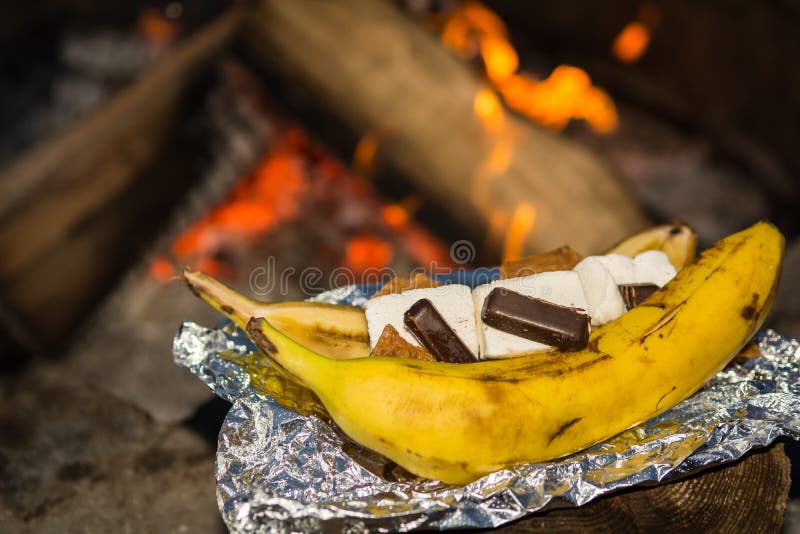 Campfire Banana Smores prepared by the fire pit. Campfire Banana Smores prepared by the fire pit.