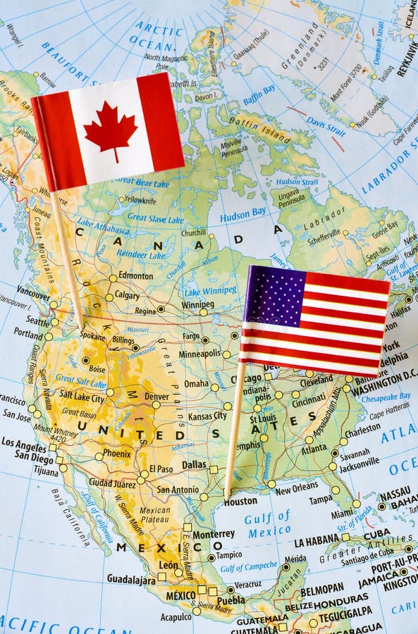 Kanada- Und USA-Flaggenstift Von Der Karte Stockbild ...