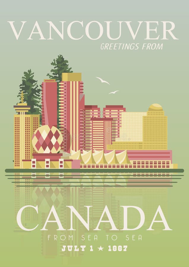 Kanada vancouver Kanadensisk vektorillustration tappning för stil för illustrationlilja röd Loppvykort stock illustrationer Kanada vancouver Kanadensisk vektorillustration tappning för stil för illustrationlilja röd Loppvykort stock illustrationer