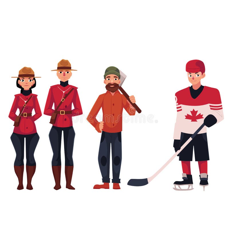 Kanadyjski policjant w tradycyjnym mundurze, lumberjack i gracz w hokeja, royalty ilustracja Kanadyjski policjant w tradycyjnym mundurze, lumberjack i gracz w hokeja, royalty ilustracja