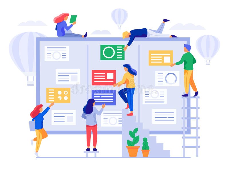Kanban board. Agile project management, office team collaboration and projects process coherence vector illustration stock illustration