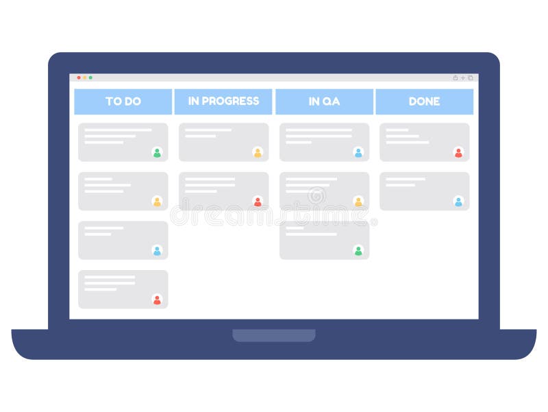 Kanban Board on Notebook Screen. To Do, in Progress, in Qa, Done Stages