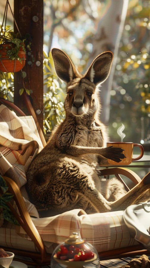 A kangaroo lounging on a sunlit patio, leisurely enjoying a coffee, ears perked in contentment. GenerativeAI illustration
