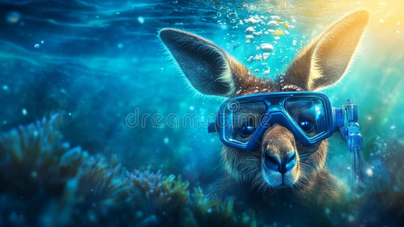 A kangaroo wearing snorkel and mask swims underwater exploring coral reef surrounded by bubbles and fish. Abstract animal in stock image
