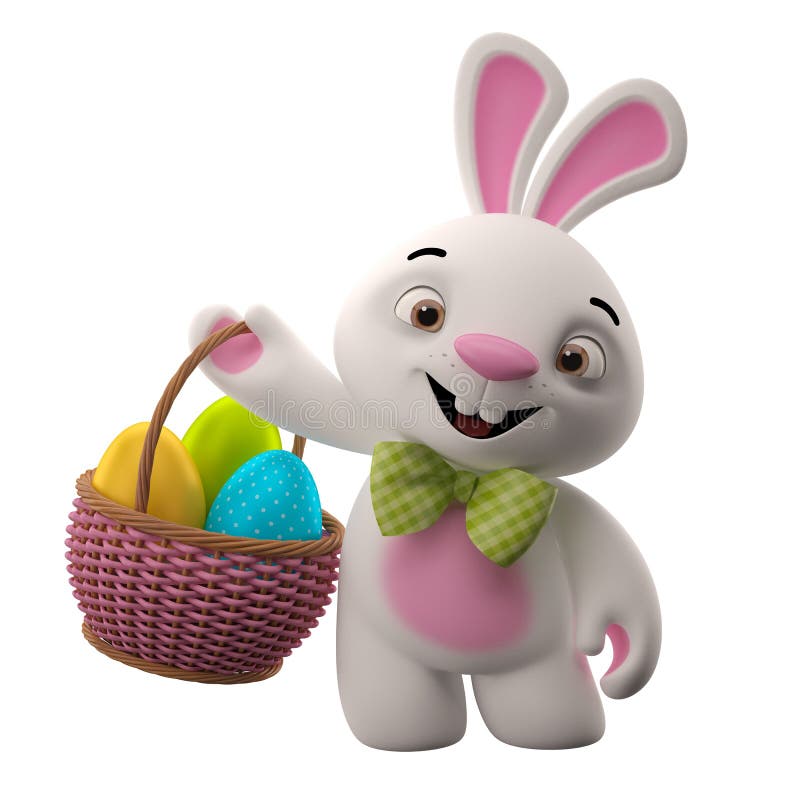 Kanin för 3D easter, glad tecknad filmkanin, djurt tecken med easter ägg i vide- korg vektor illustrationer