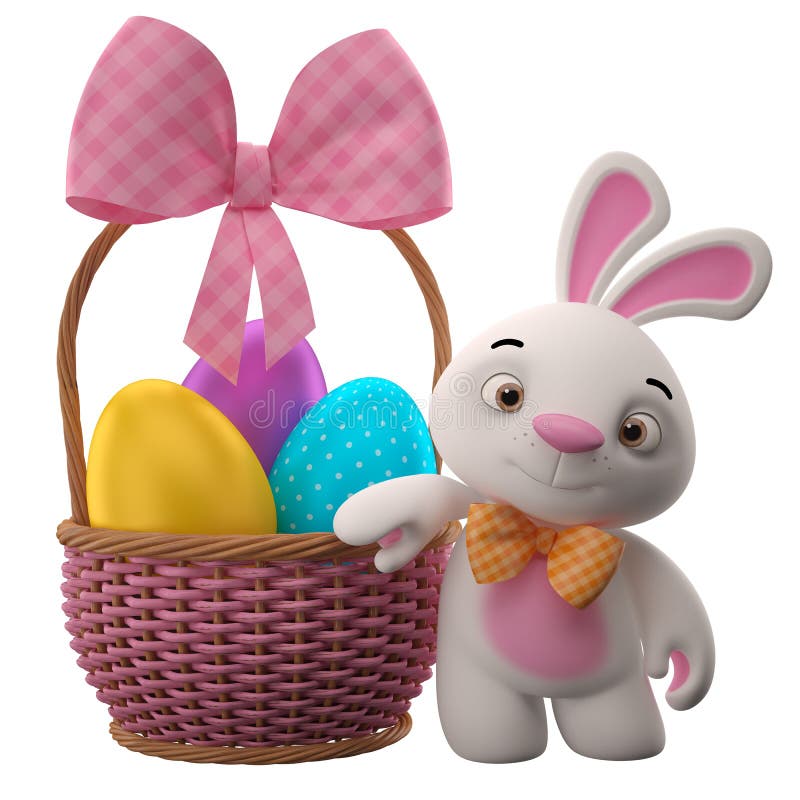 Kanin för 3D easter, glad tecknad filmkanin, djurt tecken med easter ägg i vide- korg vektor illustrationer