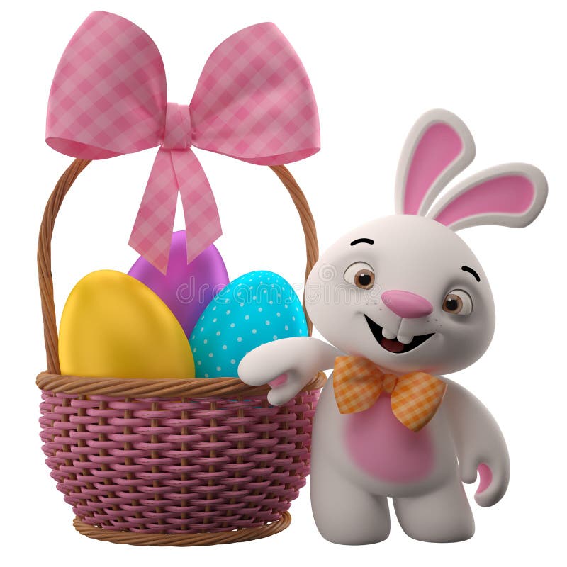 Kanin för 3D easter, glad tecknad filmkanin, djurt tecken med easter ägg i vide- korg royaltyfri illustrationer