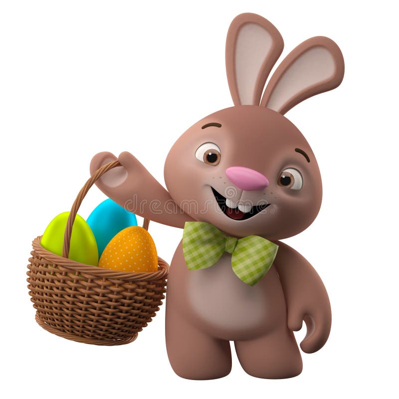 Kanin för 3D easter, glad tecknad filmkanin, djurt tecken med easter ägg i vide- korg royaltyfri illustrationer