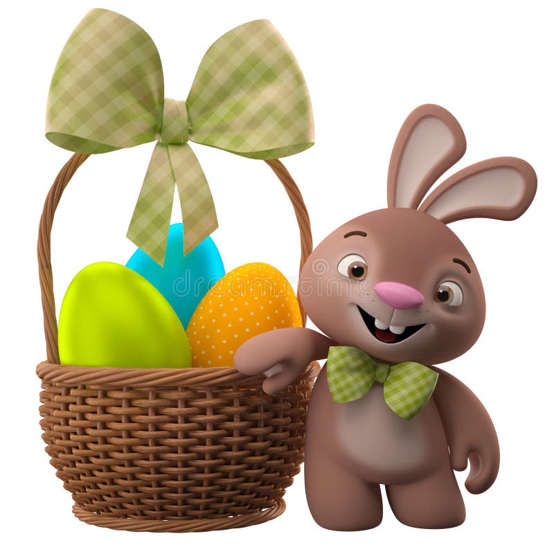 Kanin för 3D easter, glad tecknad filmkanin, djurt tecken med easter ägg i vide- korg stock illustrationer