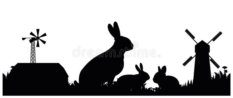 Kaninchenmutter mit Jungen weiden. Schwarze Silhouette. Haustiere. Pelztiere. isoliert auf weißem Hintergrund stock abbildung