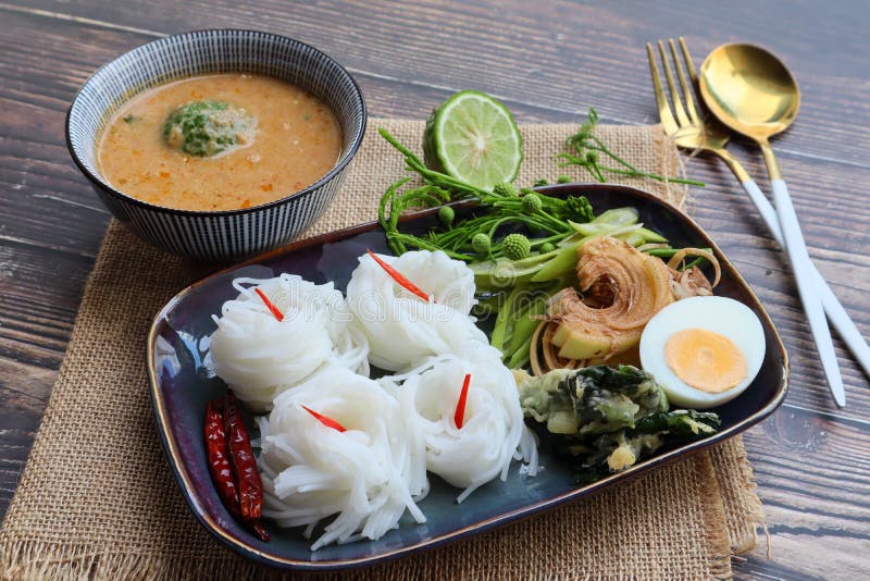 Kanom Jeen Nam Prik - Thai Rice Noodles with Peanut Sauce at Top View