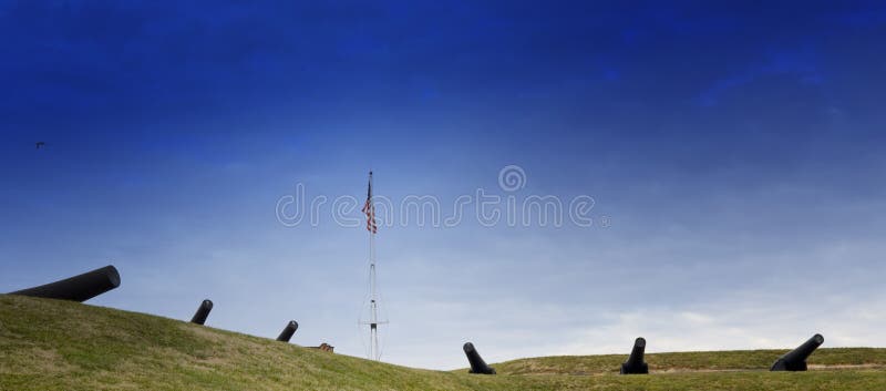 Series of cannons at Fort McHenry, the National Historic Shrine, where the British Navy was defeated in 1812, Baltimore, Maryland. Series of cannons at Fort McHenry, the National Historic Shrine, where the British Navy was defeated in 1812, Baltimore, Maryland.