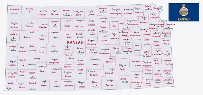 Kansas administrative map with flag royalty free illustration