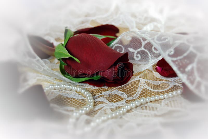 Close up of a red rose on lace with a string of pearls. Close up of a red rose on lace with a string of pearls.