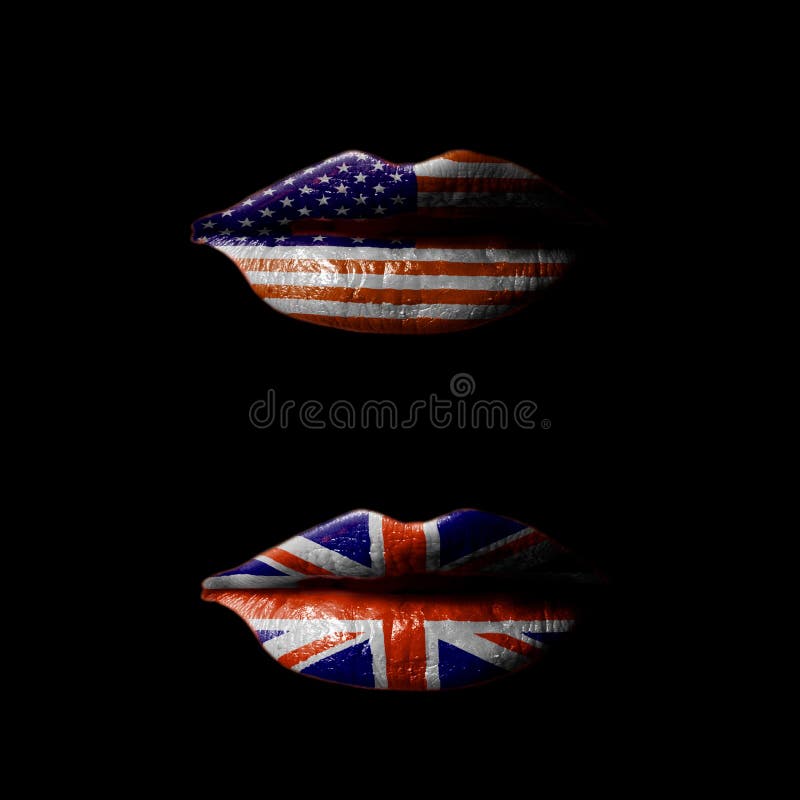 Lips with USA and UK flag on black background. Lips with USA and UK flag on black background