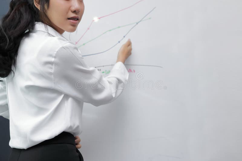 Kantjusterad bild av den säkra unga asiatiska affärskvinnan med presentation för vitt bräde under möte i konferensrum i regerings fotografering för bildbyråer Kantjusterad bild av den säkra unga asiatiska affärskvinnan med presentation för vitt bräde under möte i konferensrum i regerings fotografering för bildbyråer
