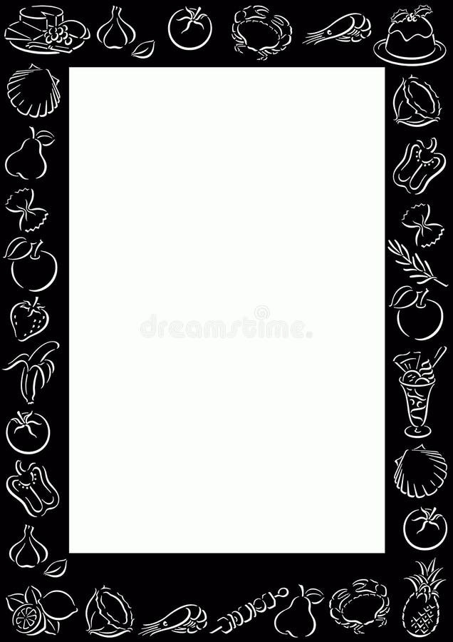 Black background with white food symbols around. In the middle a white frame for filling with content. Useful for menu cards, invitations etc. Black background with white food symbols around. In the middle a white frame for filling with content. Useful for menu cards, invitations etc.
