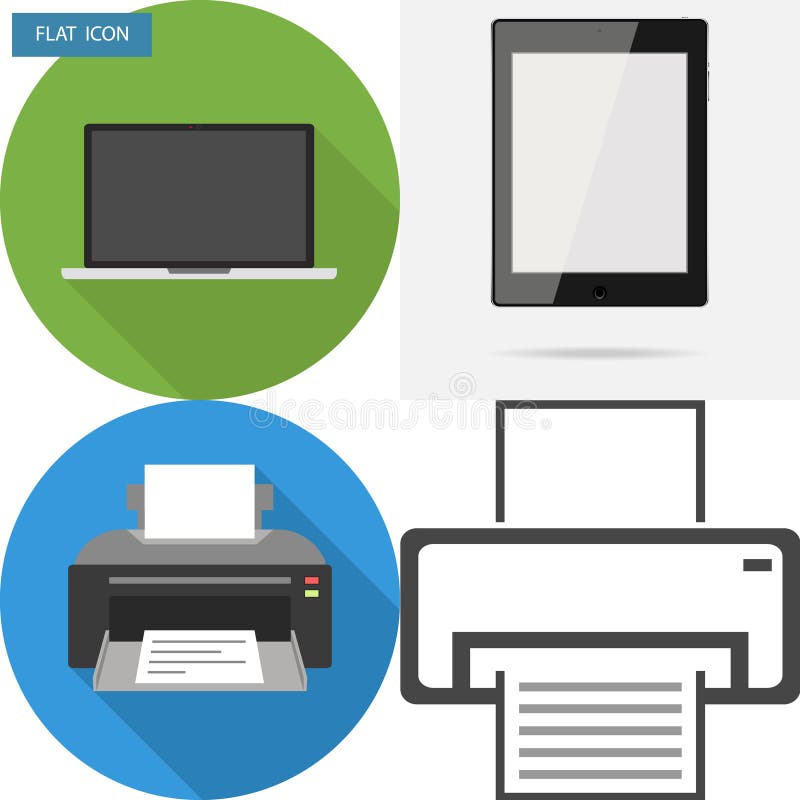 Kantoorbenodigdheden, laptop, printer, tablet stock illustratie Kantoorbenodigdheden, laptop, printer, tablet stock illustratie