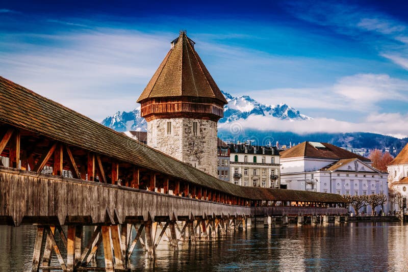 Kapellbrucke Historic Chapel Bridge and Water Tower Landmarks in Lucern,  Switzerland Stock Image - Image of landmark, europe: 158555083