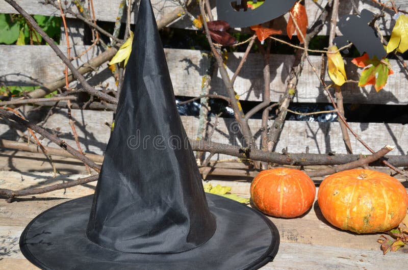 Kapelusz czarownica dalej z banią dla Halloween zdjęcia royalty free Kapelusz czarownica dalej z banią dla Halloween zdjęcia royalty free
