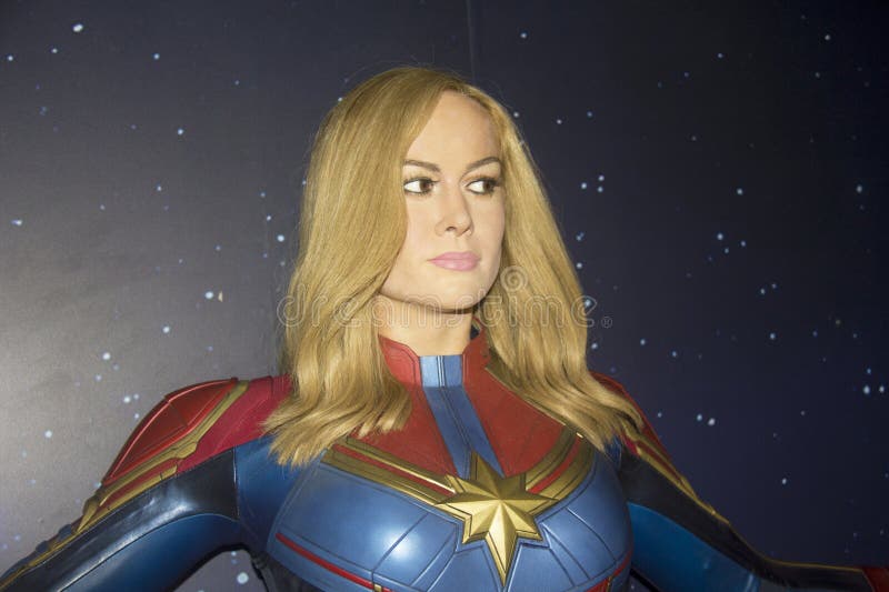 England, London. Circa 20.01. 2024. E.T Waxwork statue of Captain Marvel on display at Madam Tussauds. England, London. Circa 20.01. 2024. E.T Waxwork statue of Captain Marvel on display at Madam Tussauds