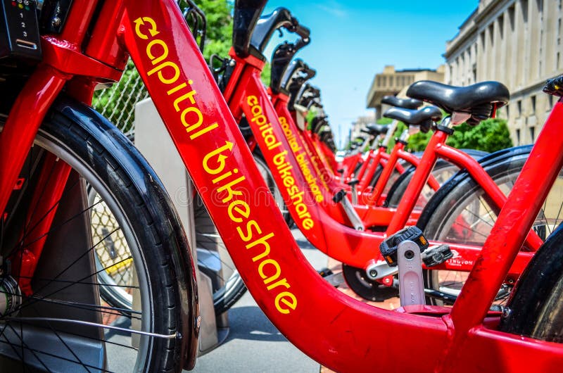 Captial Bikeshare, Washington DC's bike sharing program. Close-up view of a line up of bicycles. Captial Bikeshare, Washington DC's bike sharing program. Close-up view of a line up of bicycles