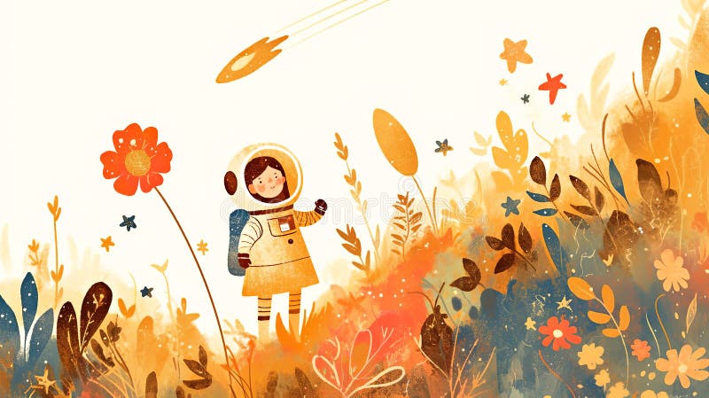 Kapryśna scena dziecięcego astronautki eksplorującej żywy abstrakcyjny ogród ilustracja wektor