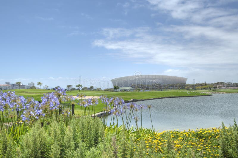 Cape Town, Green Point stadium seen from luscious adjacent park, overlooking the golf course. Cape Town, Green Point stadium seen from luscious adjacent park, overlooking the golf course