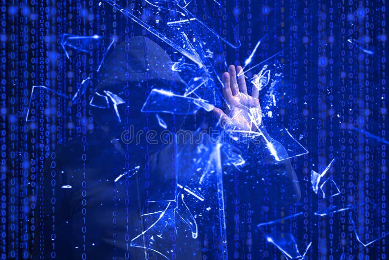 Kapturzasty hacker roztrzaskuje błękitnego ekran z jeden ręką fotografia stock Kapturzasty hacker roztrzaskuje błękitnego ekran z jeden ręką fotografia stock