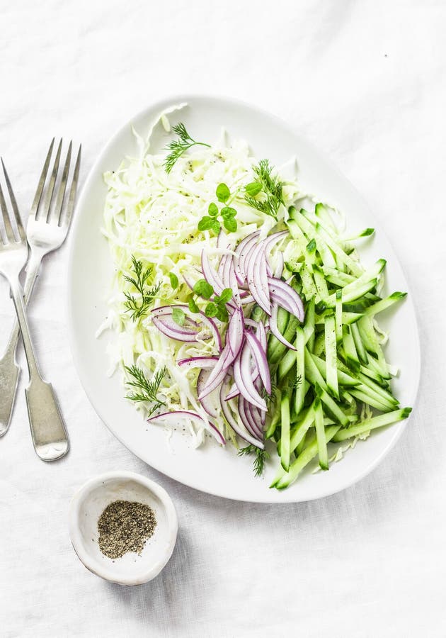 Kapusta, ogórek, czerwona cebula, grecki jogurt, coleslaw sałatka na białym tle, odgórny widok Detox diety jedzenie obrazy royalty free Kapusta, ogórek, czerwona cebula, grecki jogurt, coleslaw sałatka na białym tle, odgórny widok Detox diety jedzenie obrazy royalty free