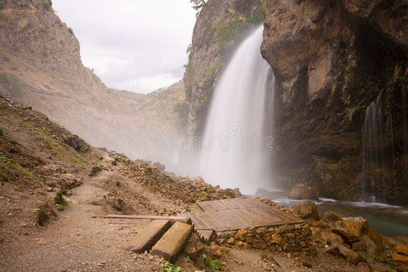 Kapuzbasi Waterfall Running into Running Stream in Countryside of Kayseri, Turkey. Stock Photo