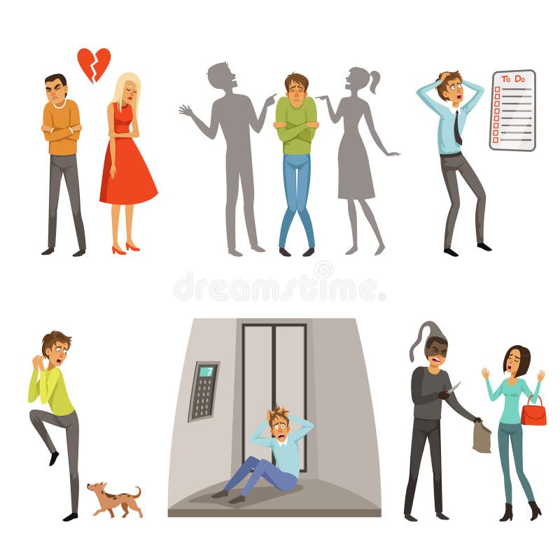 Karakters in verschillende scènes Paniek, vrees en angst vector illustratie Karakters in verschillende scènes Paniek, vrees en angst vector illustratie