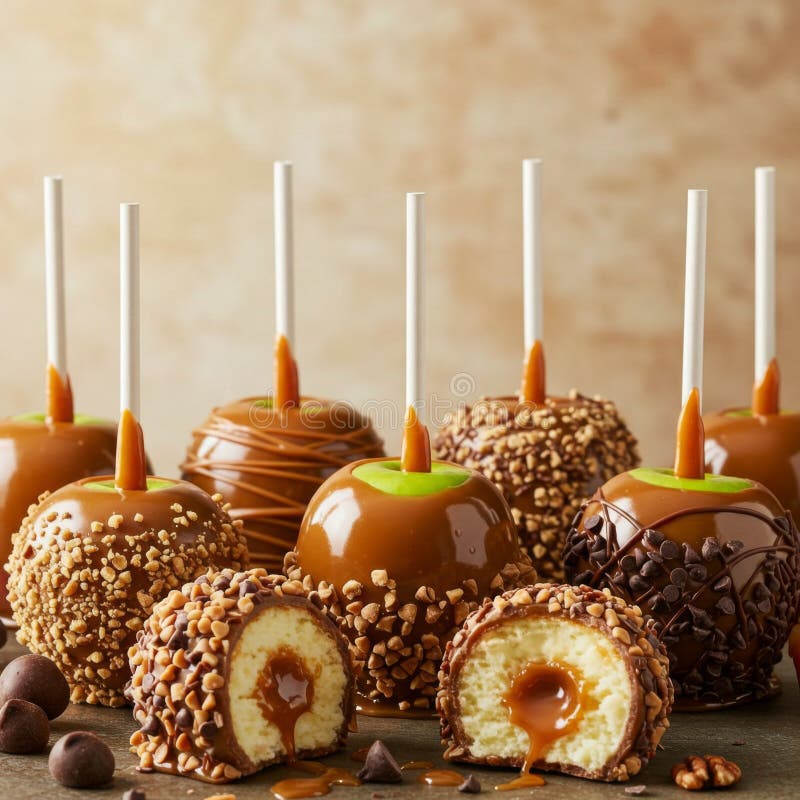 Karamelläpplen med nötter och Chokladglas stock illustrationer