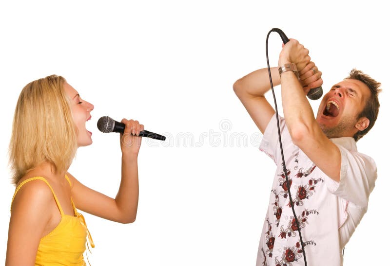 Couple singing karaoke isolated on white background. Couple singing karaoke isolated on white background