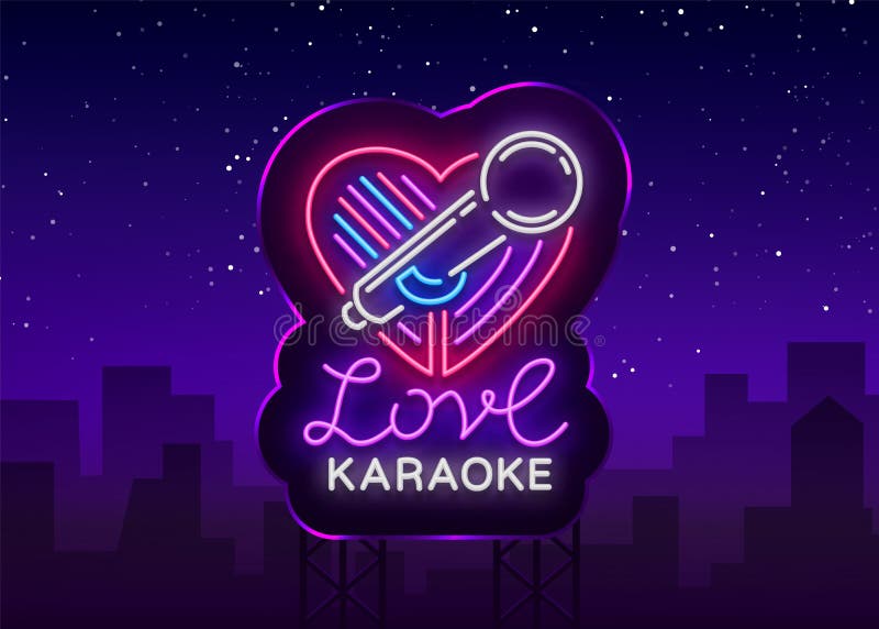 Karaoke Love logo in neon style. Neon sign, bright nightly neon advertising Karaoke. Light banner, bright night vector illustration Karaoke Love logo in neon style. Neon sign, bright nightly neon advertising Karaoke. Light banner, bright night vector illustration