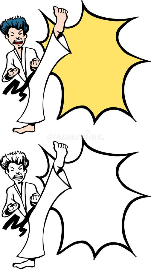 Cartoon image of a man performing a martial arts move - both color and black / white versions. Cartoon image of a man performing a martial arts move - both color and black / white versions.