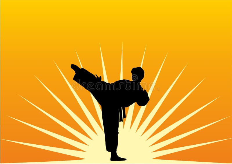 A man practices in karate on a sun background