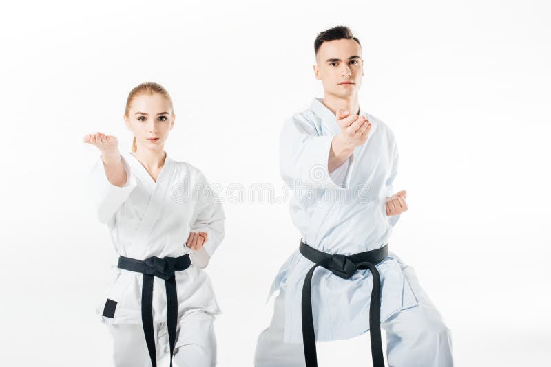 Karate Fighters with Black Belts Training Stock Image Image of