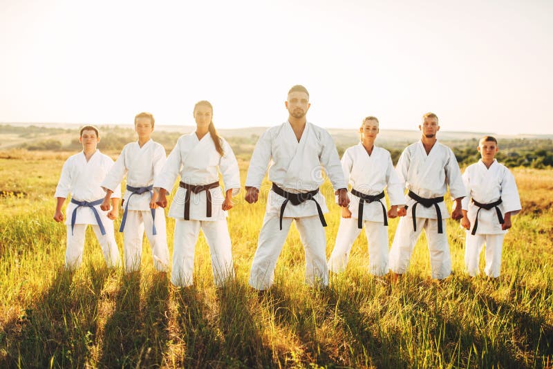 Karate grupa w białym kimonie, trening w polu zdjęcia royalty free Karate grupa w białym kimonie, trening w polu zdjęcia royalty free
