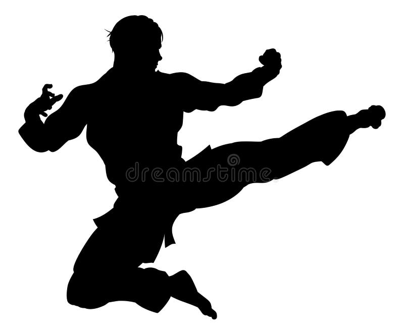A karate or kung fu martial artist delivering a flying kick wearing gi in silhouette. A karate or kung fu martial artist delivering a flying kick wearing gi in silhouette