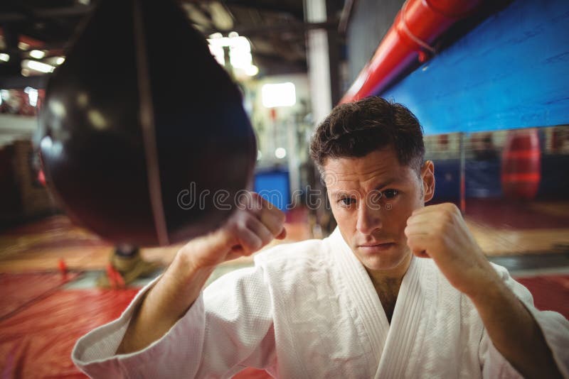 Karate myśliwski ćwiczy karate z uderzać pięścią torbę zdjęcie royalty free Karate myśliwski ćwiczy karate z uderzać pięścią torbę zdjęcie royalty free